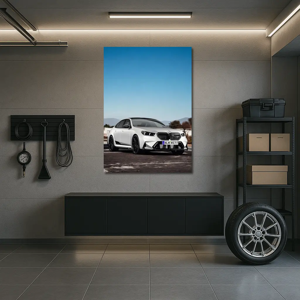 BMW M5 White Sedan Open Road Sky – Wall Art
