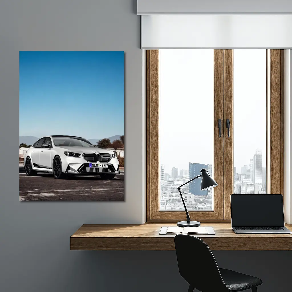 BMW M5 White Sedan Open Road Sky – Wall Art