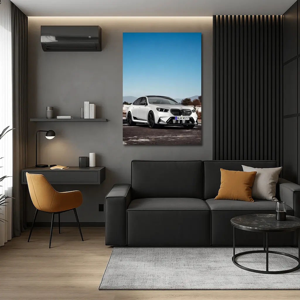 BMW M5 White Sedan Open Road Sky – Wall Art