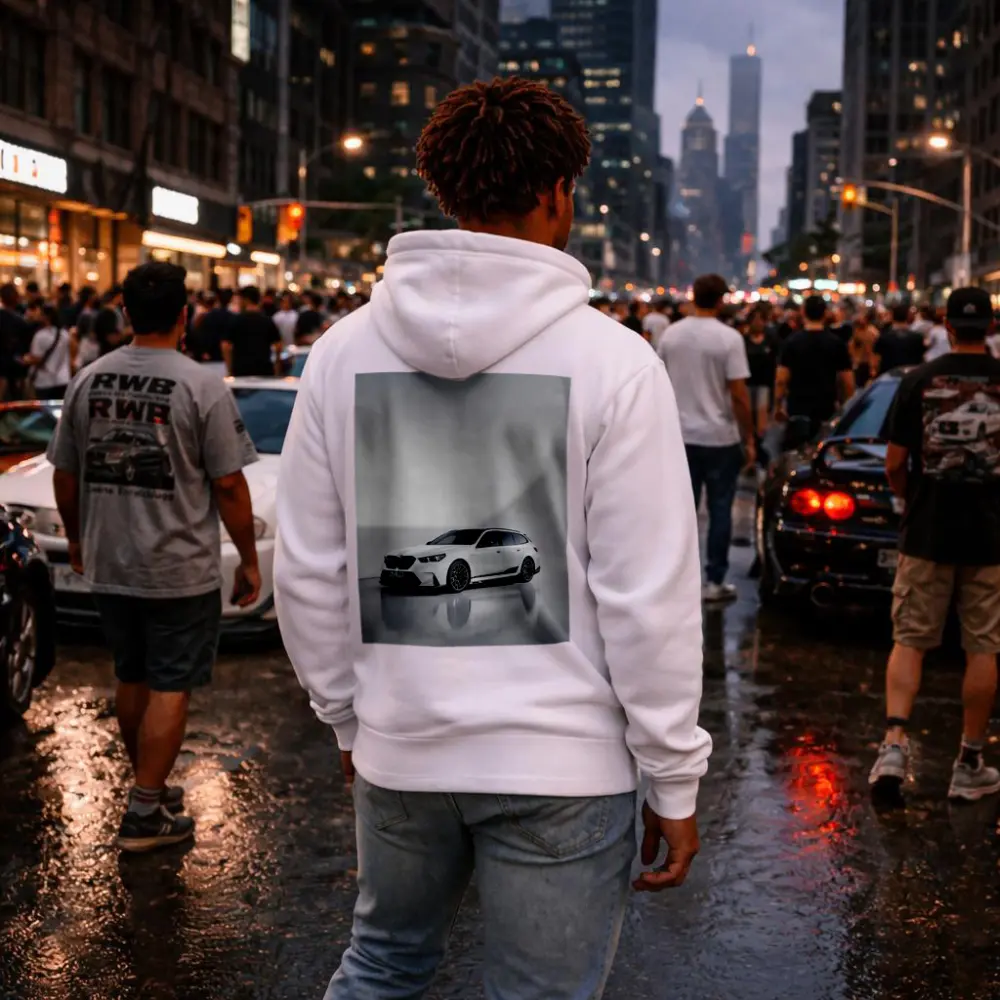 BMW M5 Touring White Studio Background – Hoodies