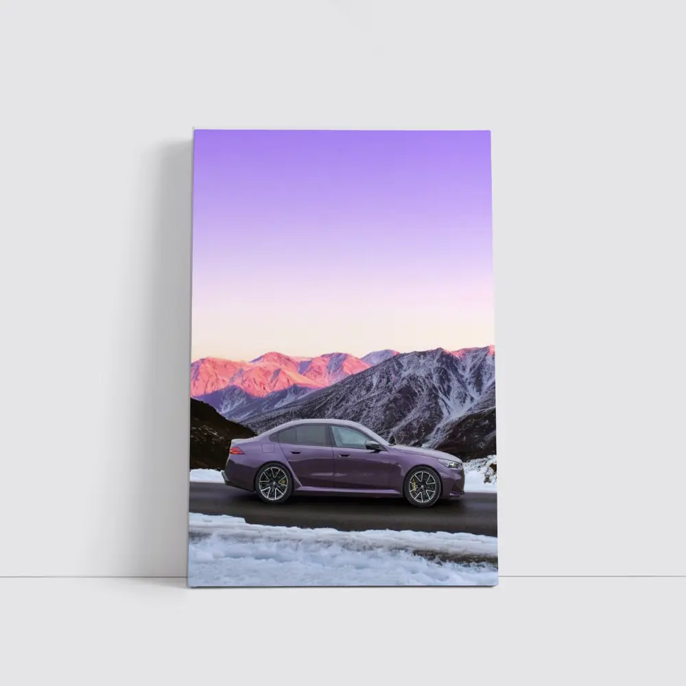 BMW M5 Purple Sedan Snowy Mountain Sunset – Wall Art