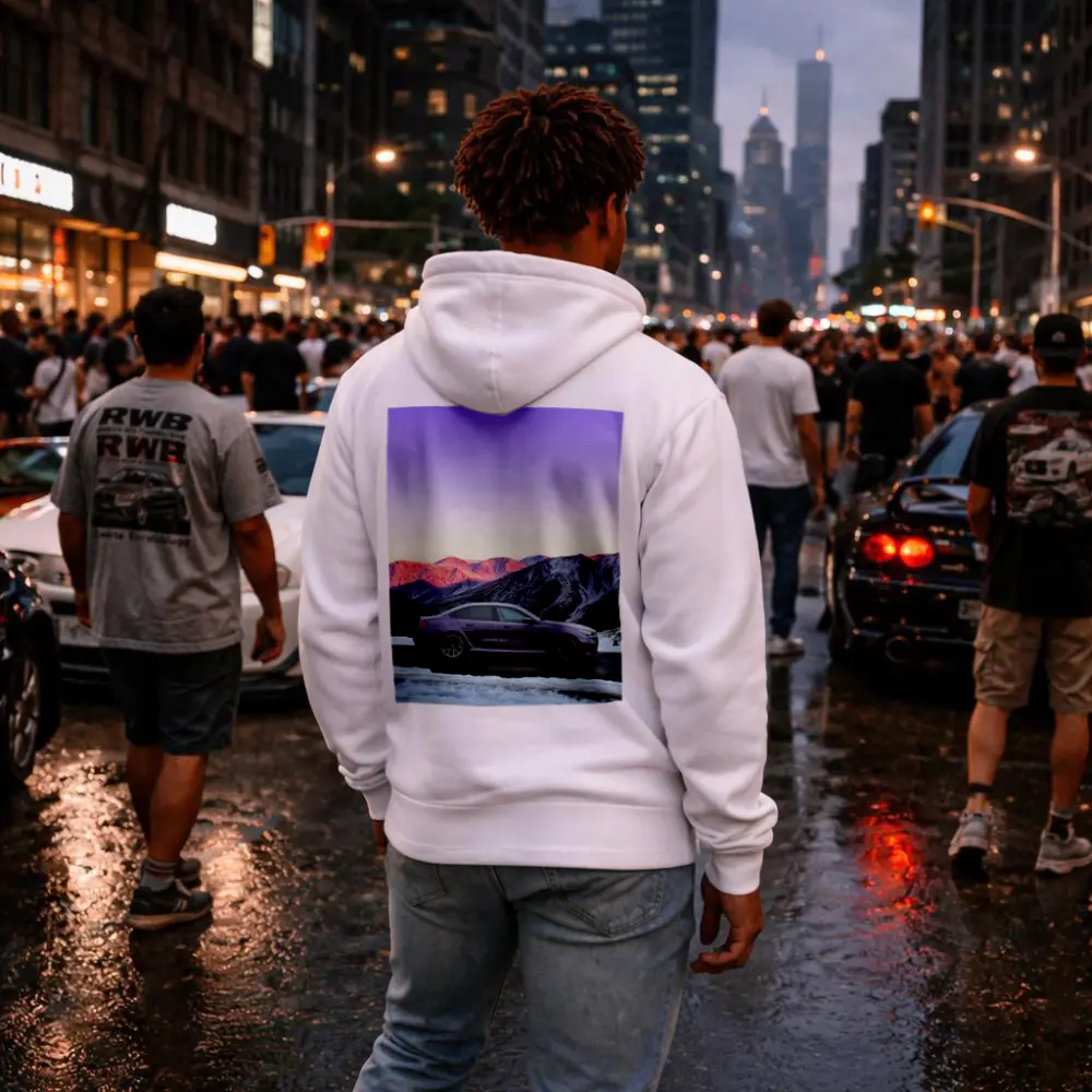 BMW M5 Purple Sedan Snowy Mountain Sunset – Hoodies
