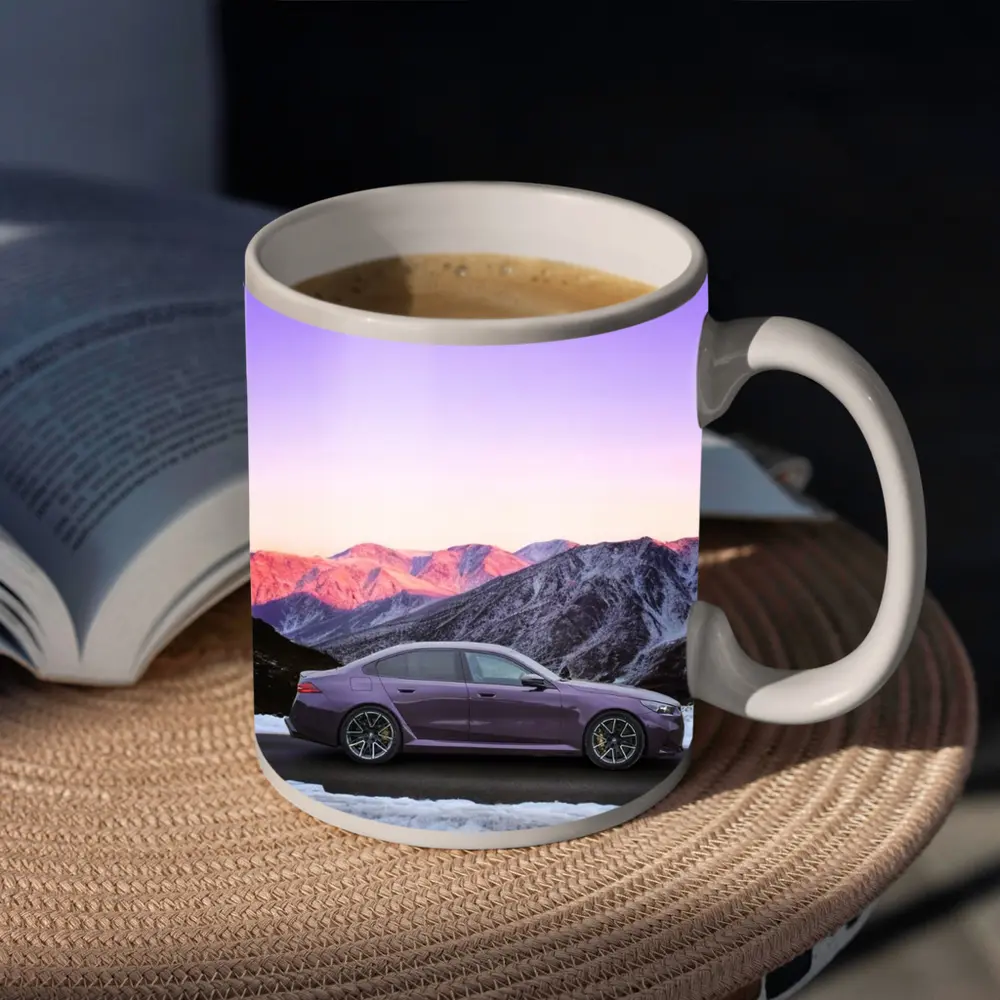 BMW M5 Purple Sedan Snowy Mountain Sunset – Mugs