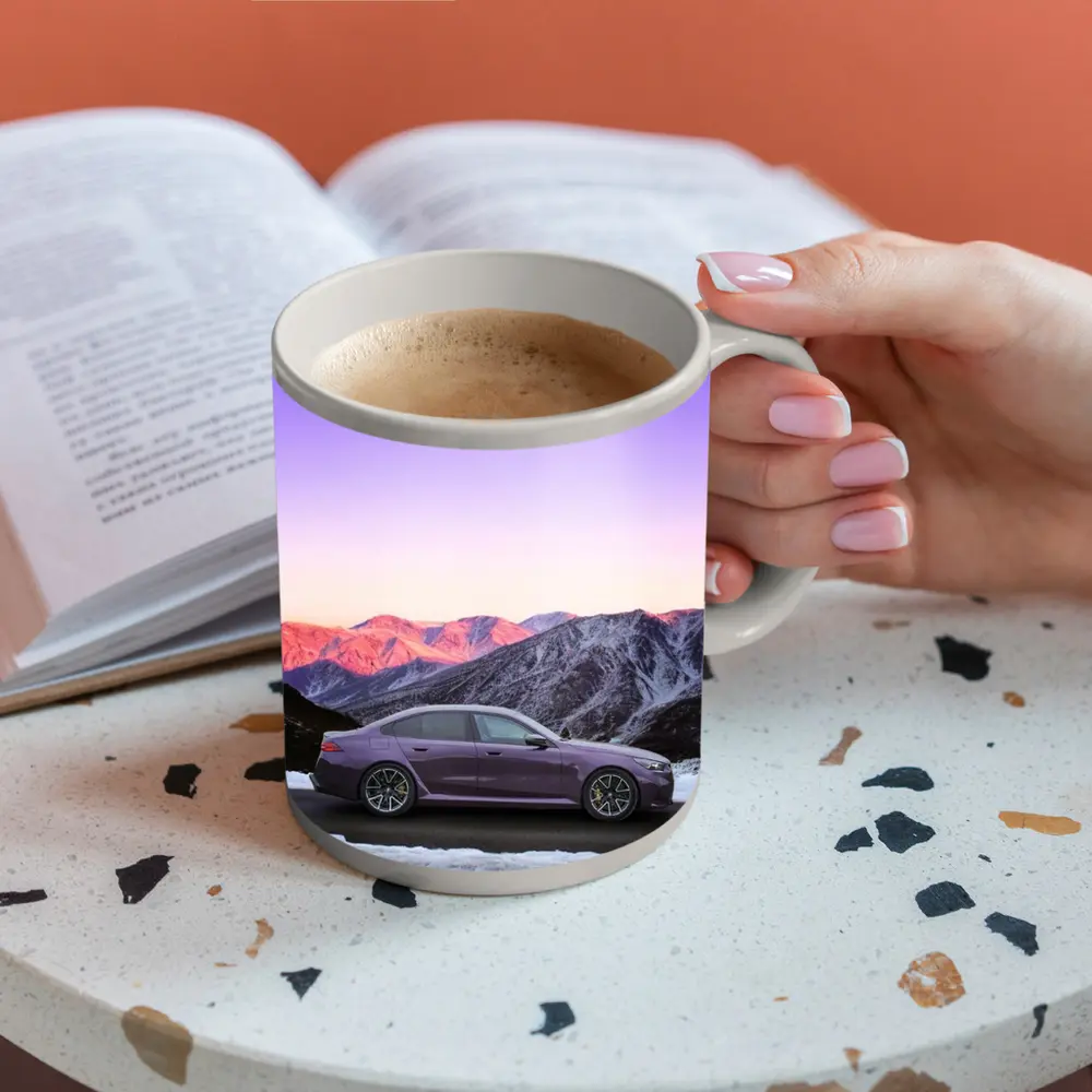 BMW M5 Purple Sedan Snowy Mountain Sunset – Mugs