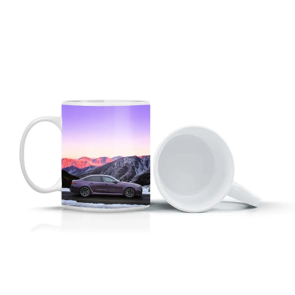 BMW M5 Purple Sedan Snowy Mountain Sunset – Mugs