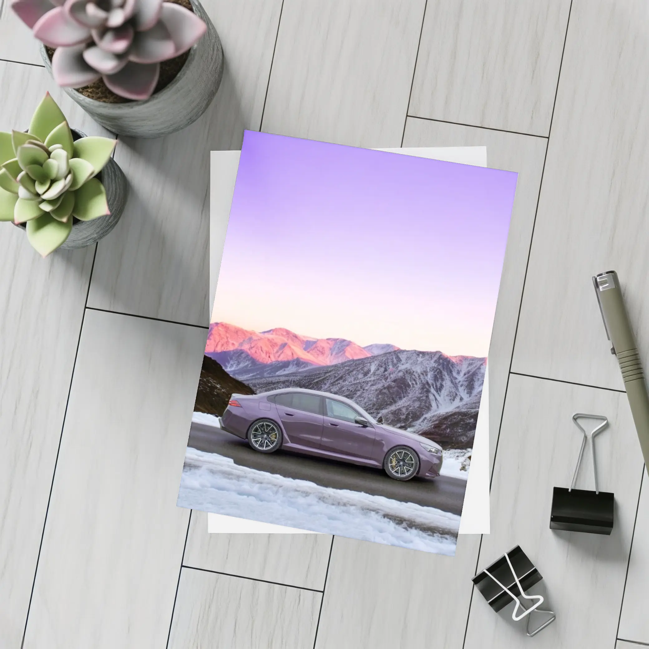 BMW M5 Purple Sedan Snowy Mountain Sunset – Postcards