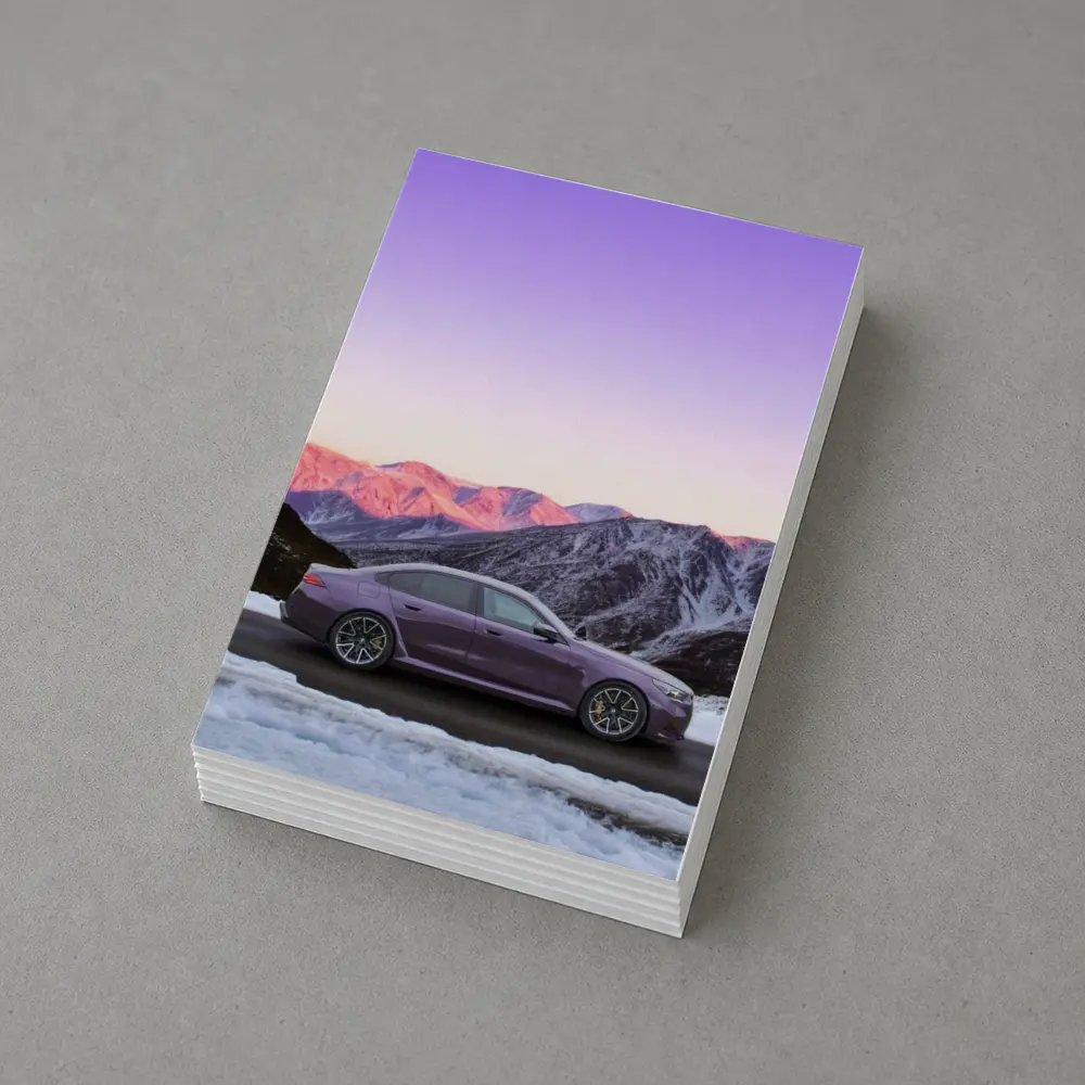 BMW M5 Purple Sedan Snowy Mountain Sunset – Postcards