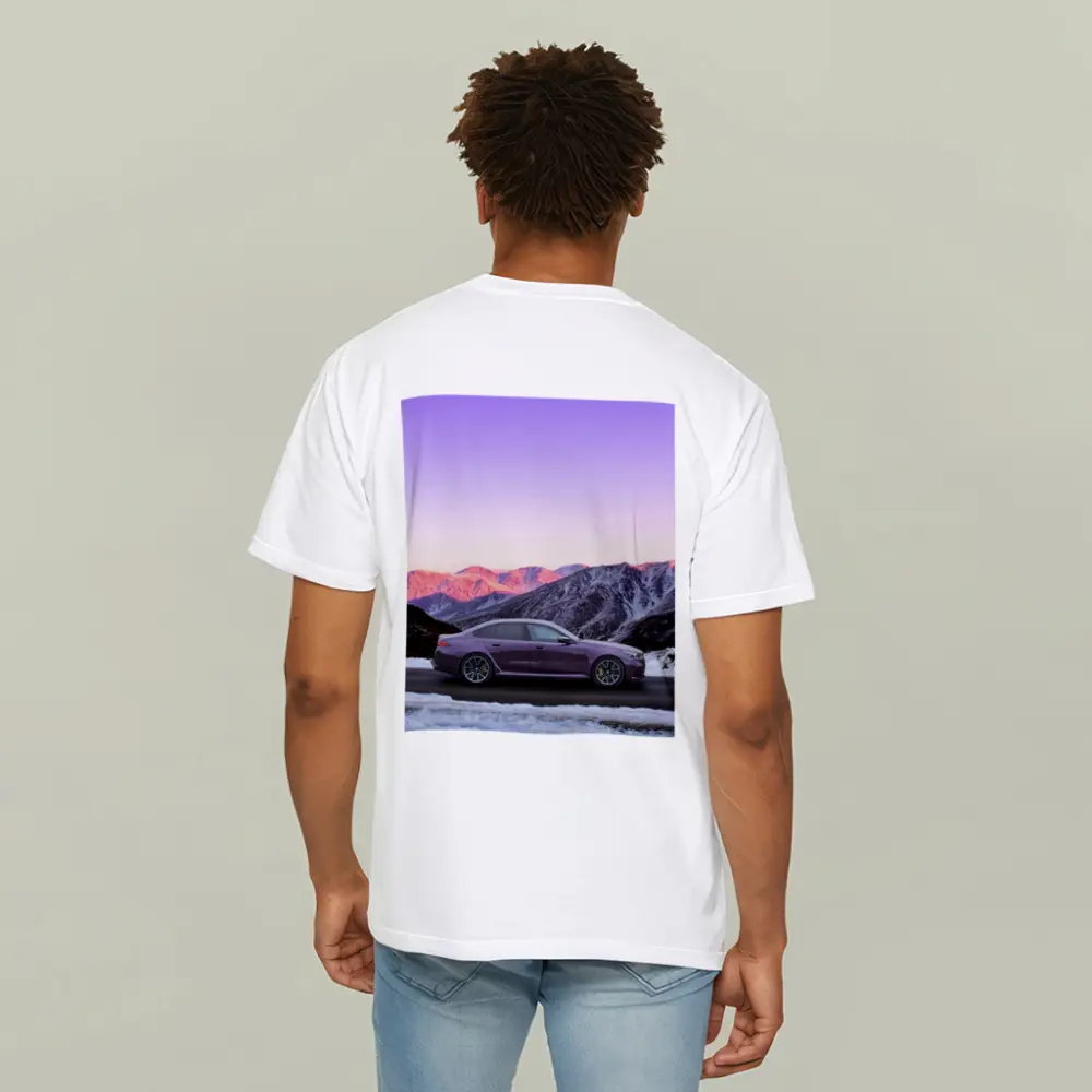 BMW M5 Purple Sedan Snowy Mountain Sunset – T-Shirts