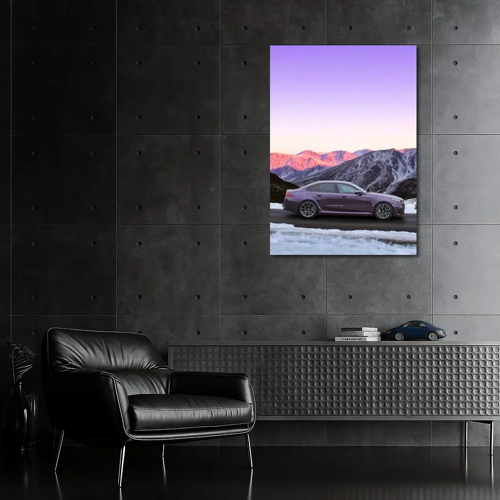 BMW M5 Purple Sedan Snowy Mountain Sunset – Wall Art