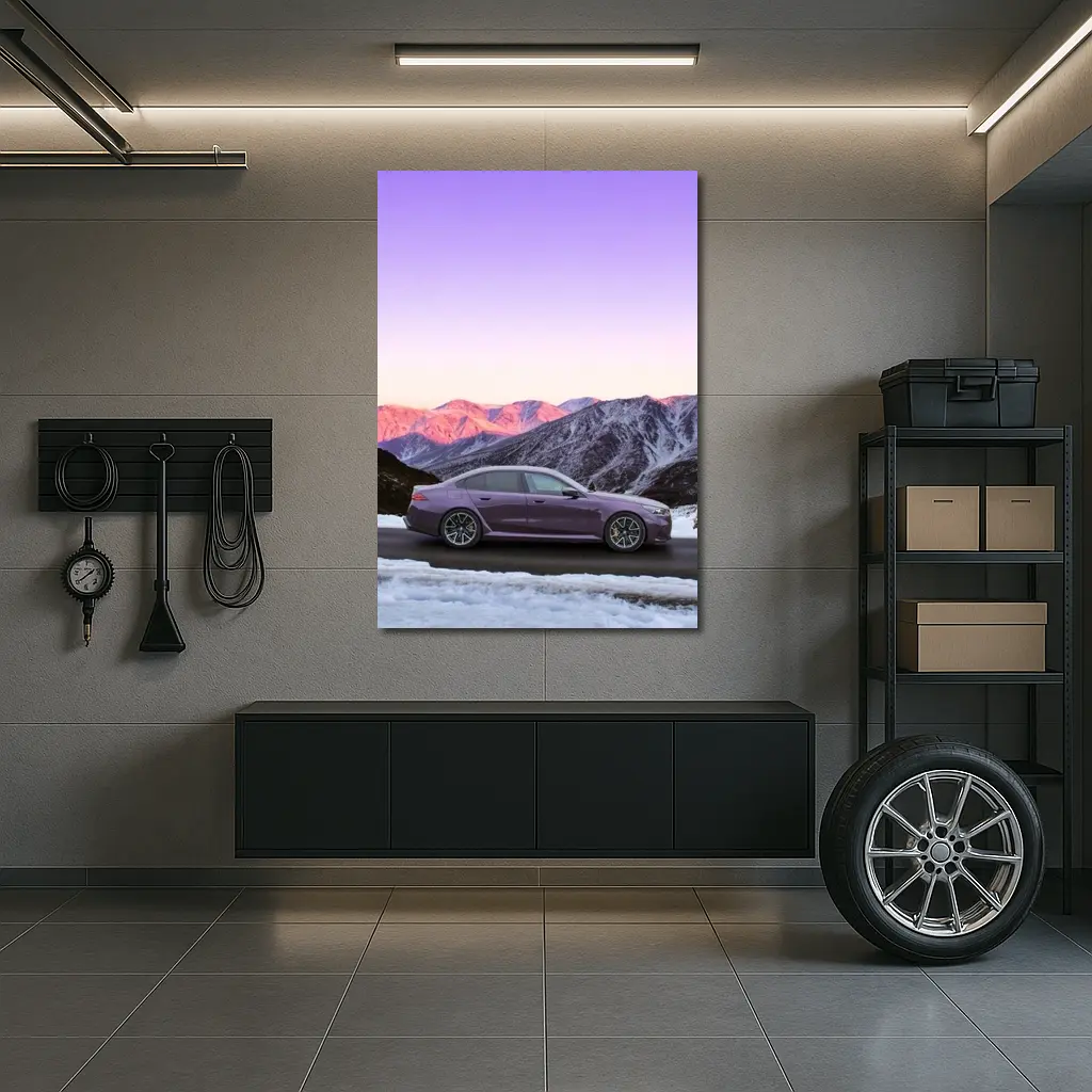 BMW M5 Purple Sedan Snowy Mountain Sunset – Wall Art
