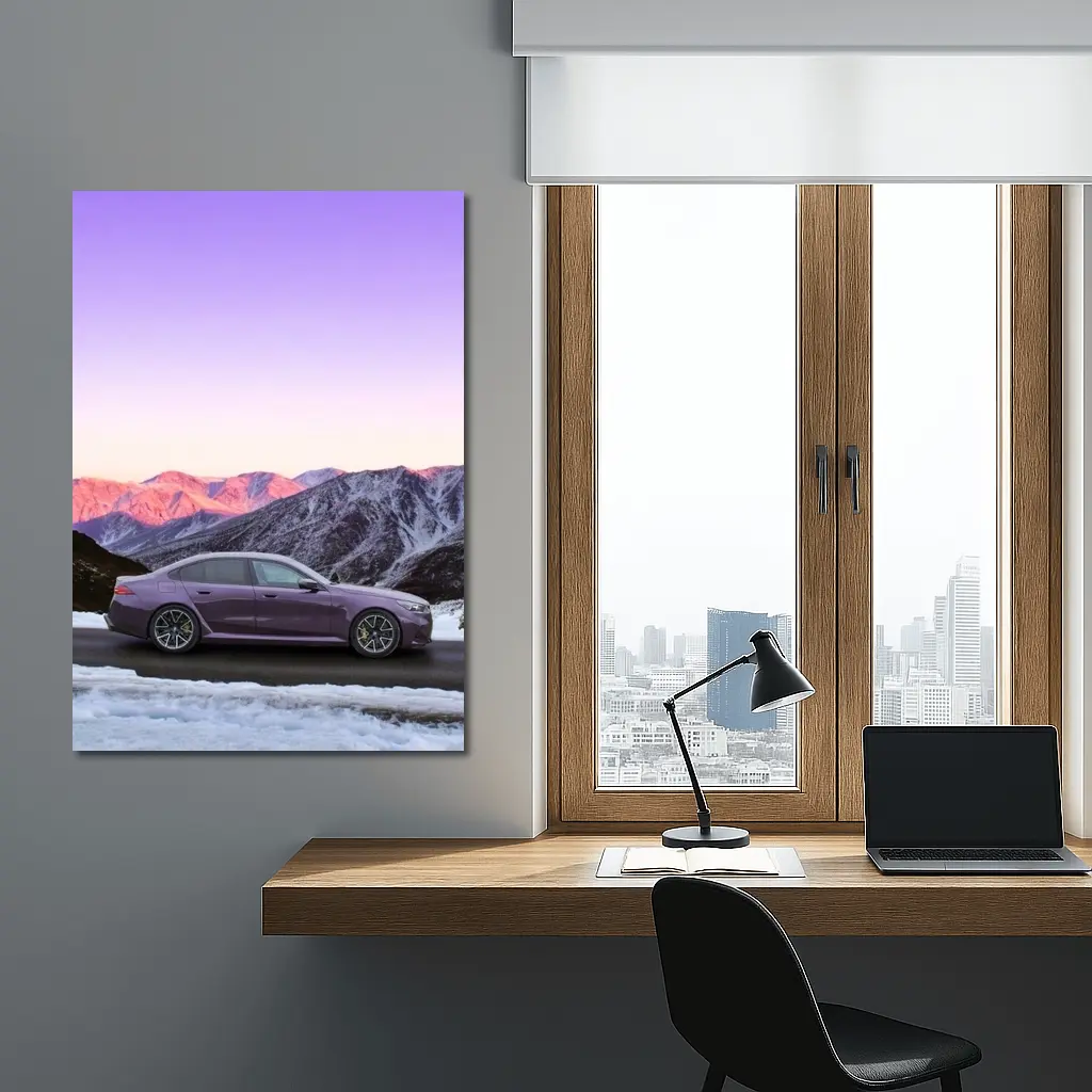 BMW M5 Purple Sedan Snowy Mountain Sunset – Wall Art