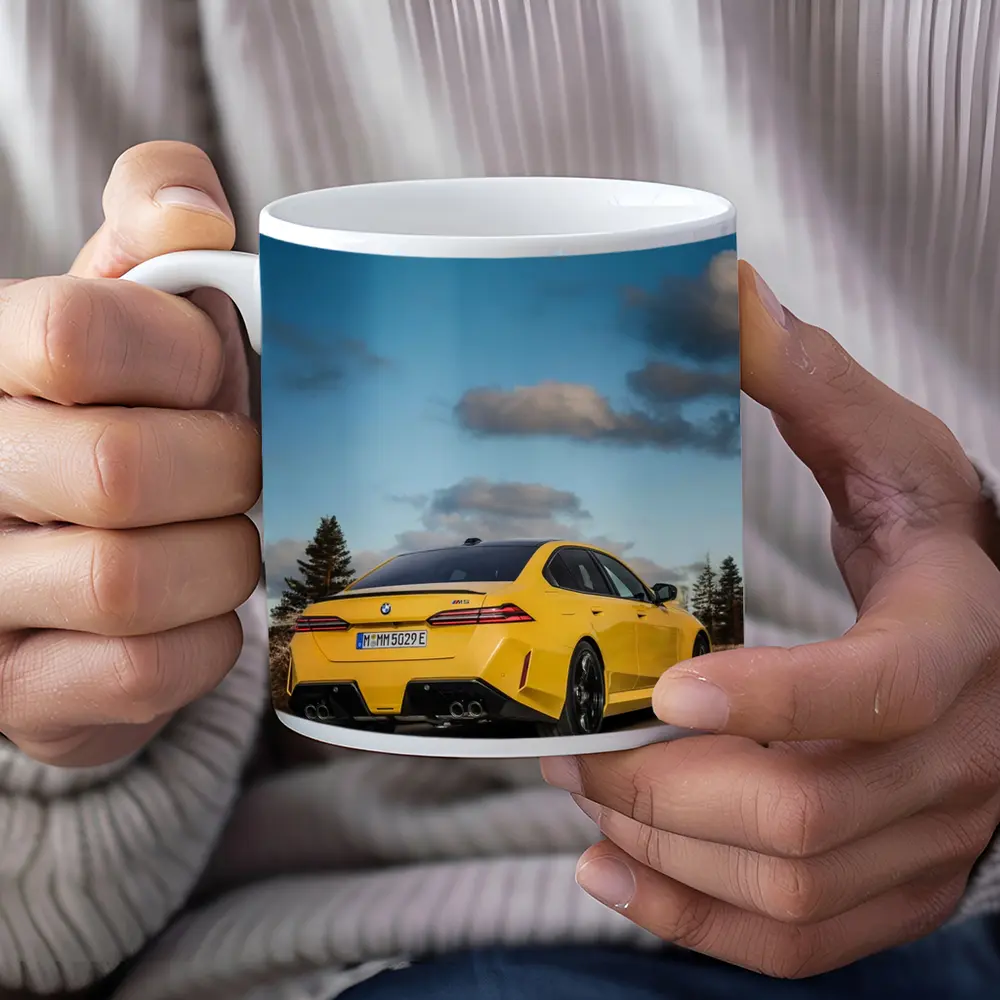 BMW M5 Yellow Sedan On Open Road – Mugs