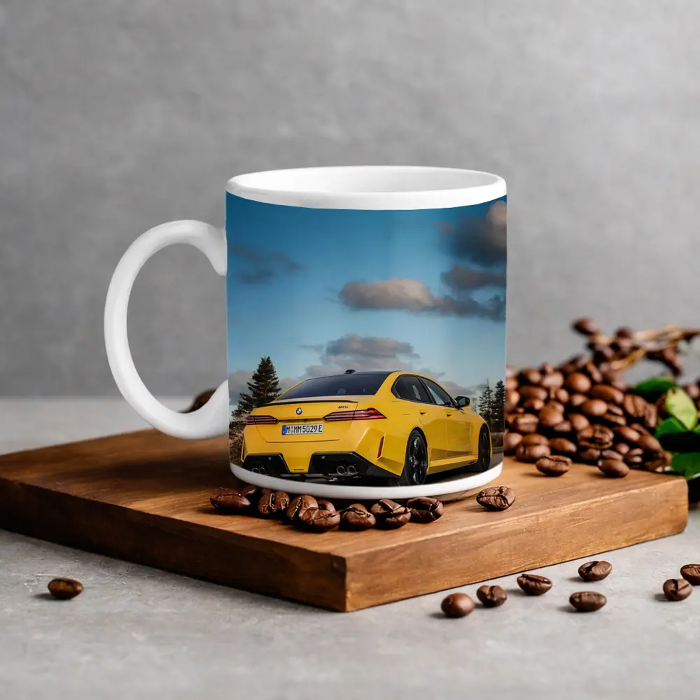 BMW M5 Yellow Sedan On Open Road – Mugs