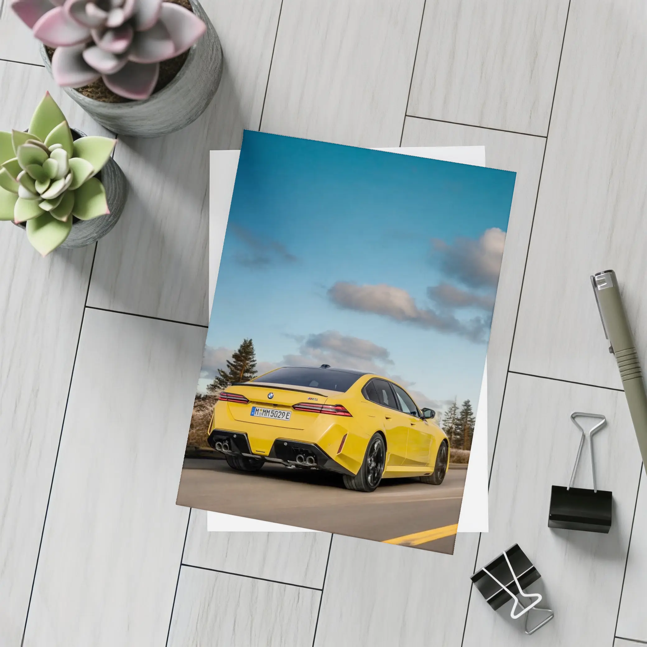BMW M5 Yellow Sedan On Open Road – Postcards