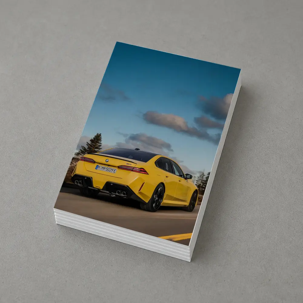 BMW M5 Yellow Sedan On Open Road – Postcards