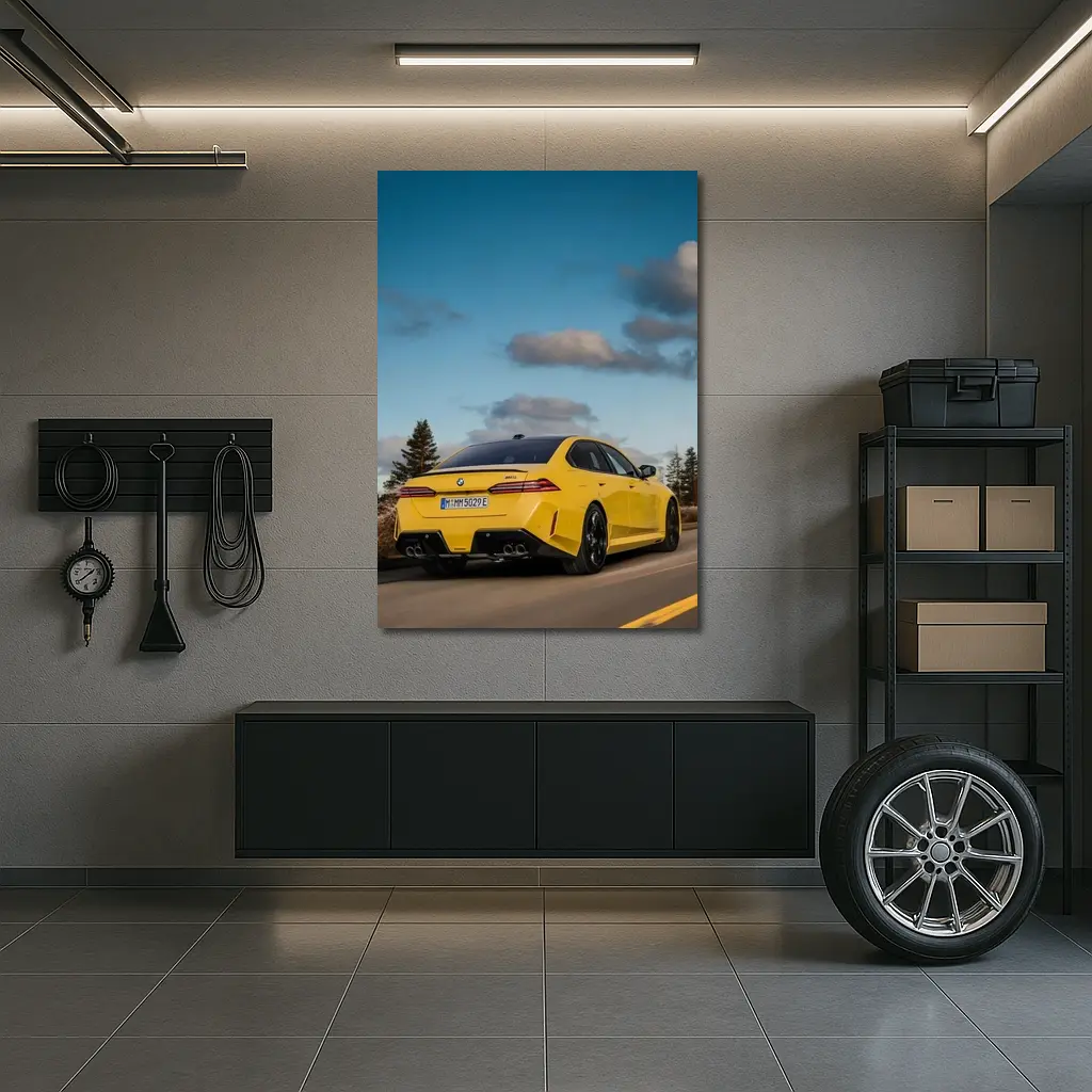 BMW M5 Yellow Sedan On Open Road – Wall Art