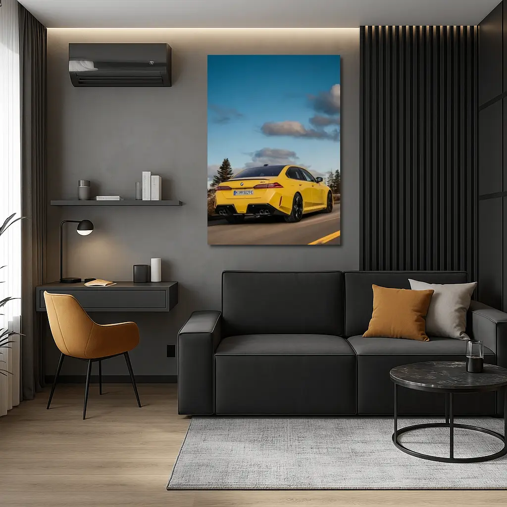 BMW M5 Yellow Sedan On Open Road – Wall Art