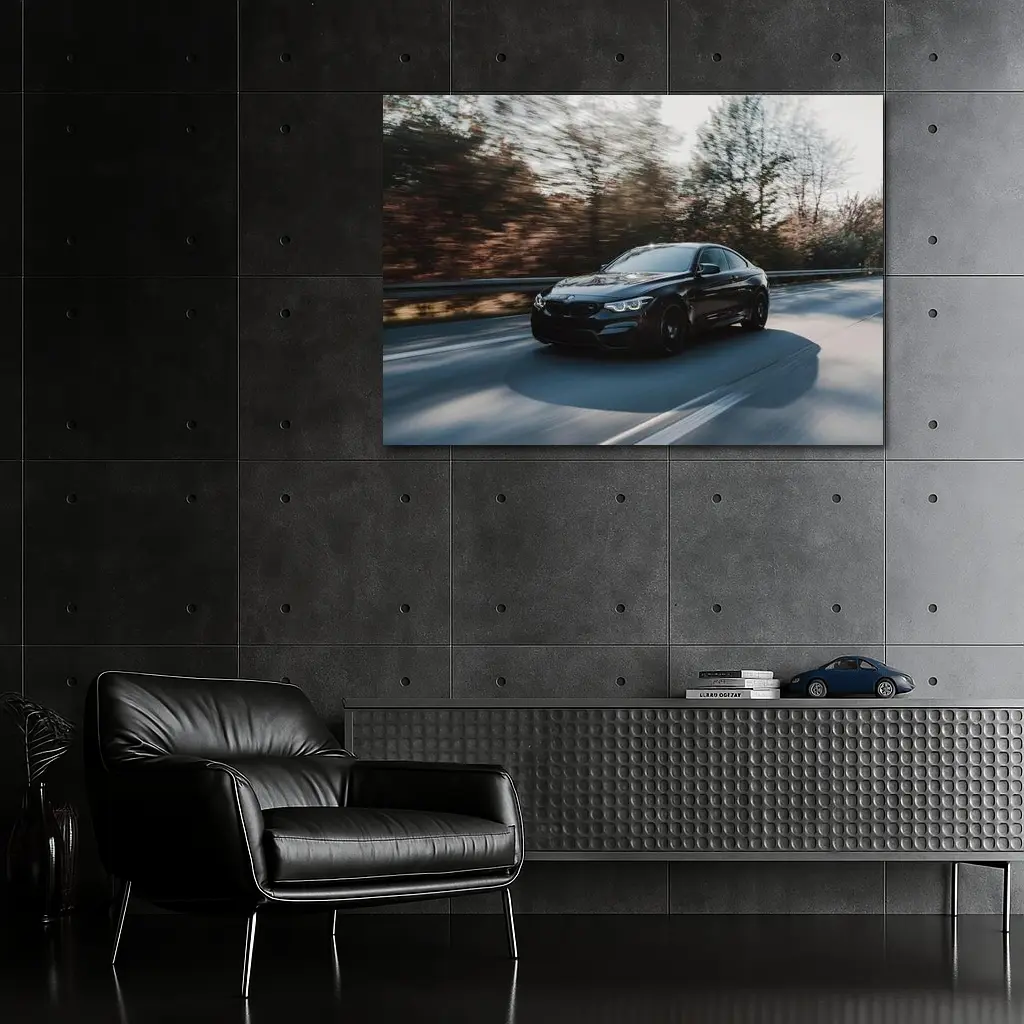 Black BMW M4 Speeding Through Forest Road – Wall Art
