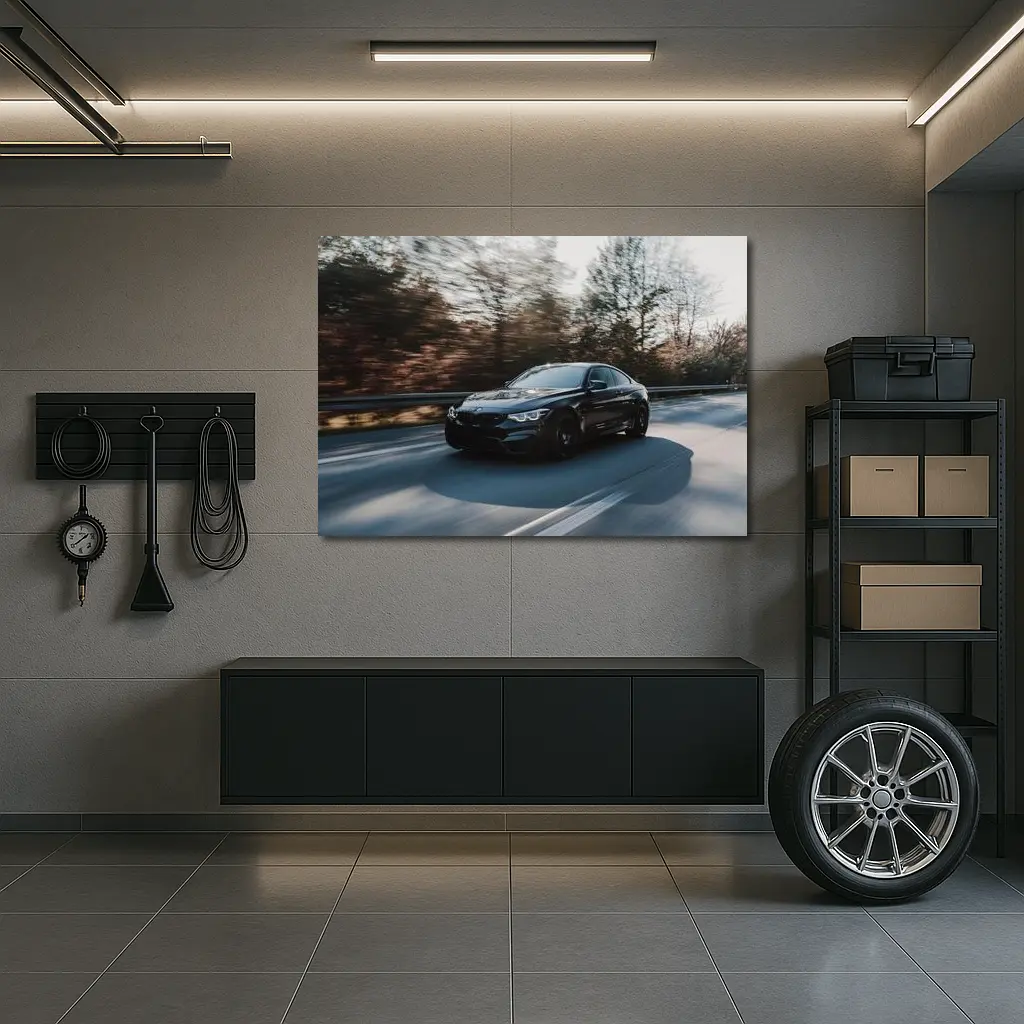 Black BMW M4 Speeding Through Forest Road – Wall Art