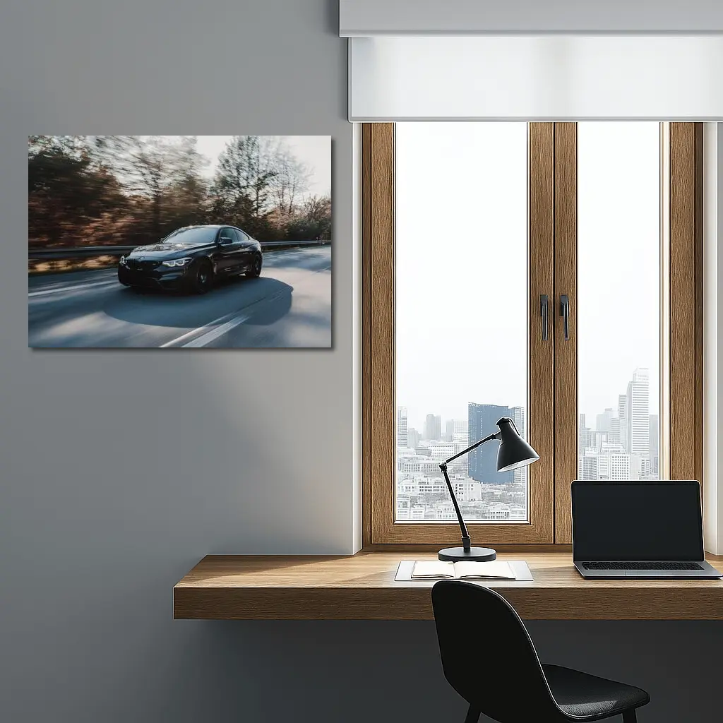 Black BMW M4 Speeding Through Forest Road – Wall Art