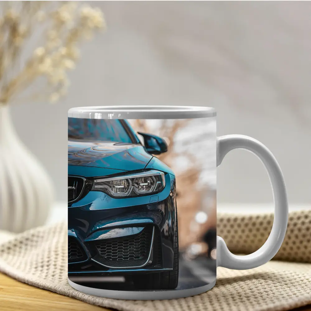BMW M4 Teal Front View City Street – Mugs