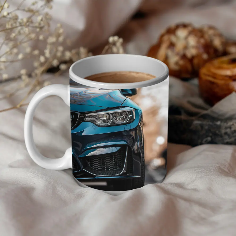 BMW M4 Teal Front View City Street – Mugs