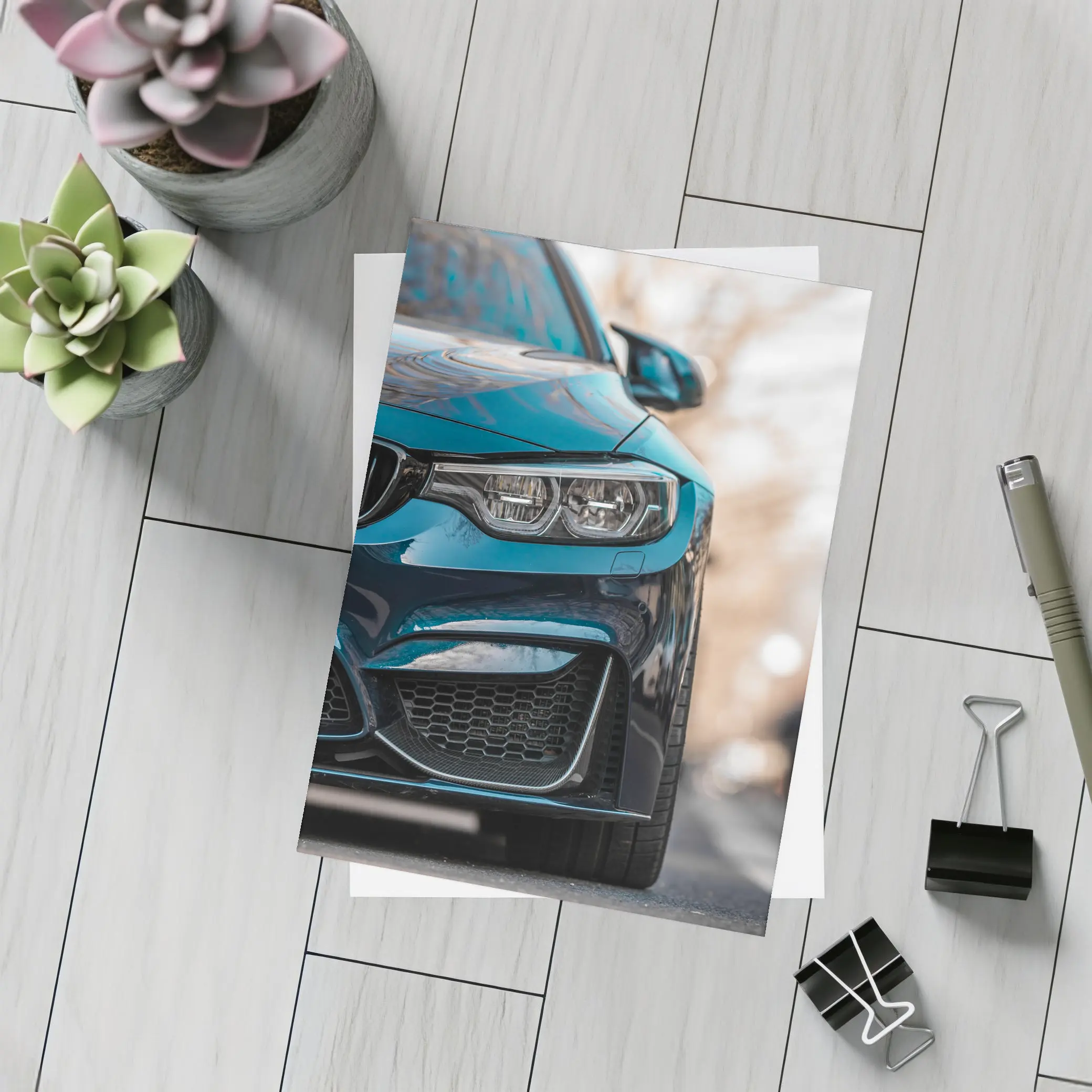 BMW M4 Teal Front View City Street – Postcards