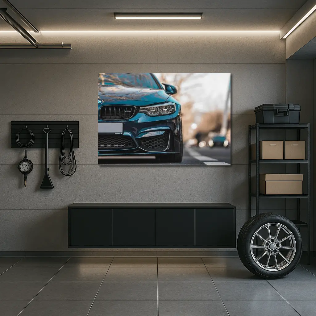 BMW M4 Teal Front View City Street – Wall Art