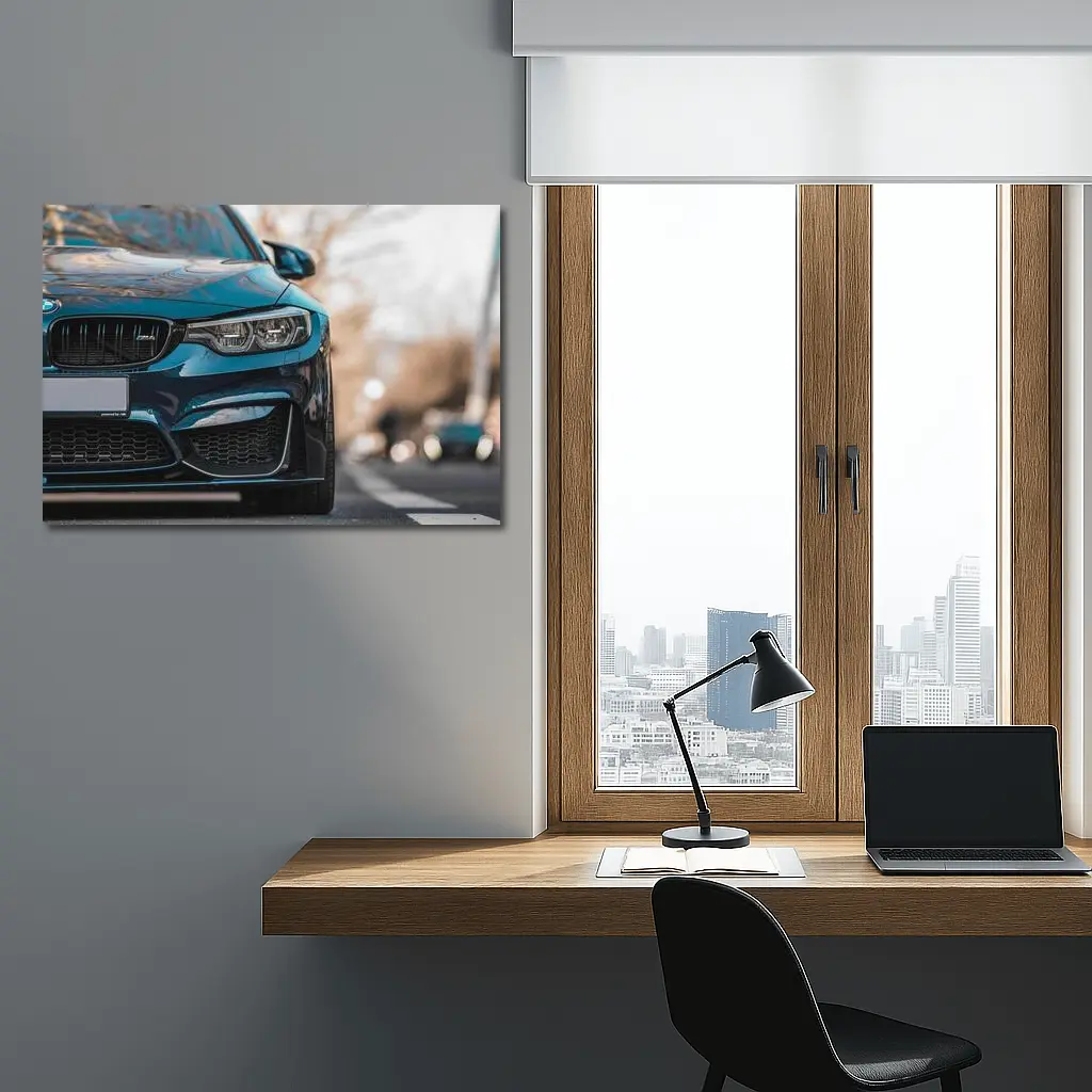 BMW M4 Teal Front View City Street – Wall Art