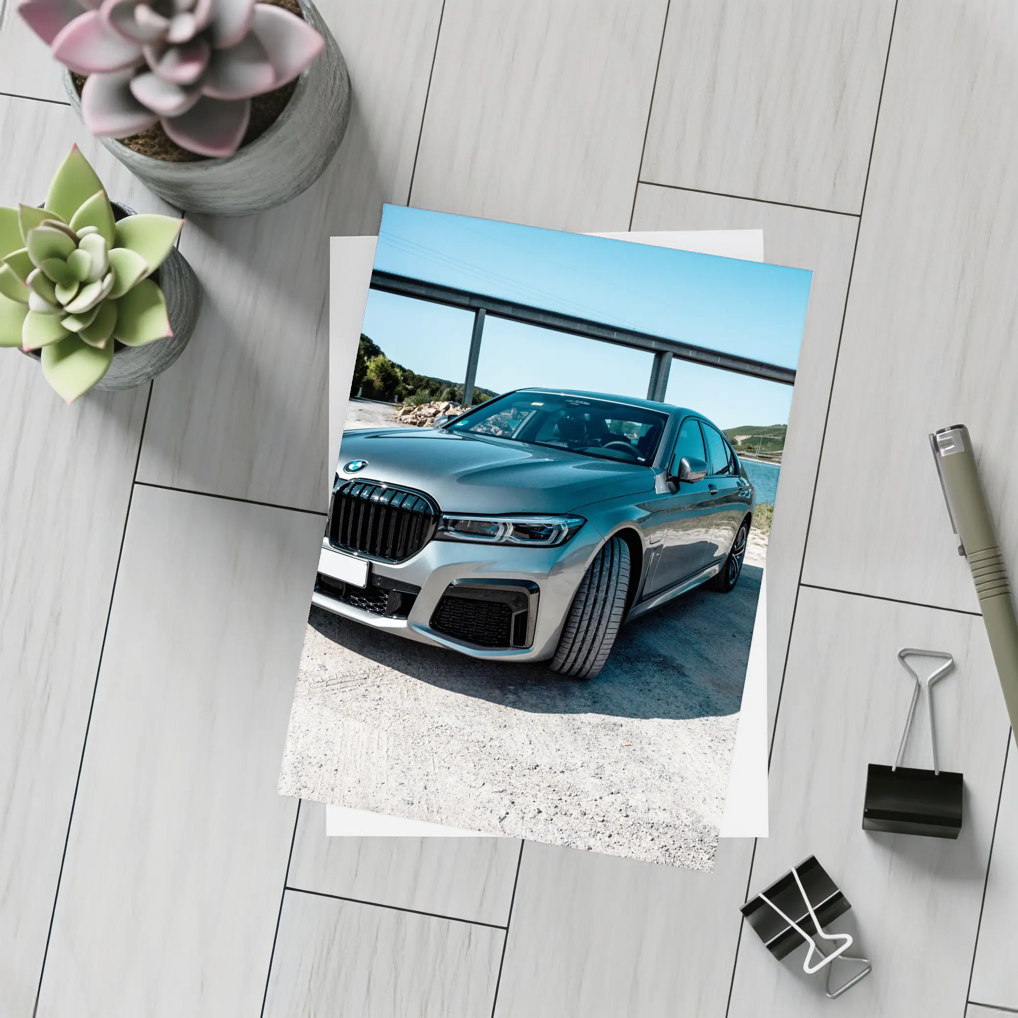 BMW Seven Series Gray Sedan by River – Postcards