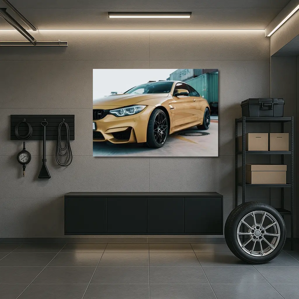 BMW M4 Gold Coupe Industrial Port Setting – Wall Art