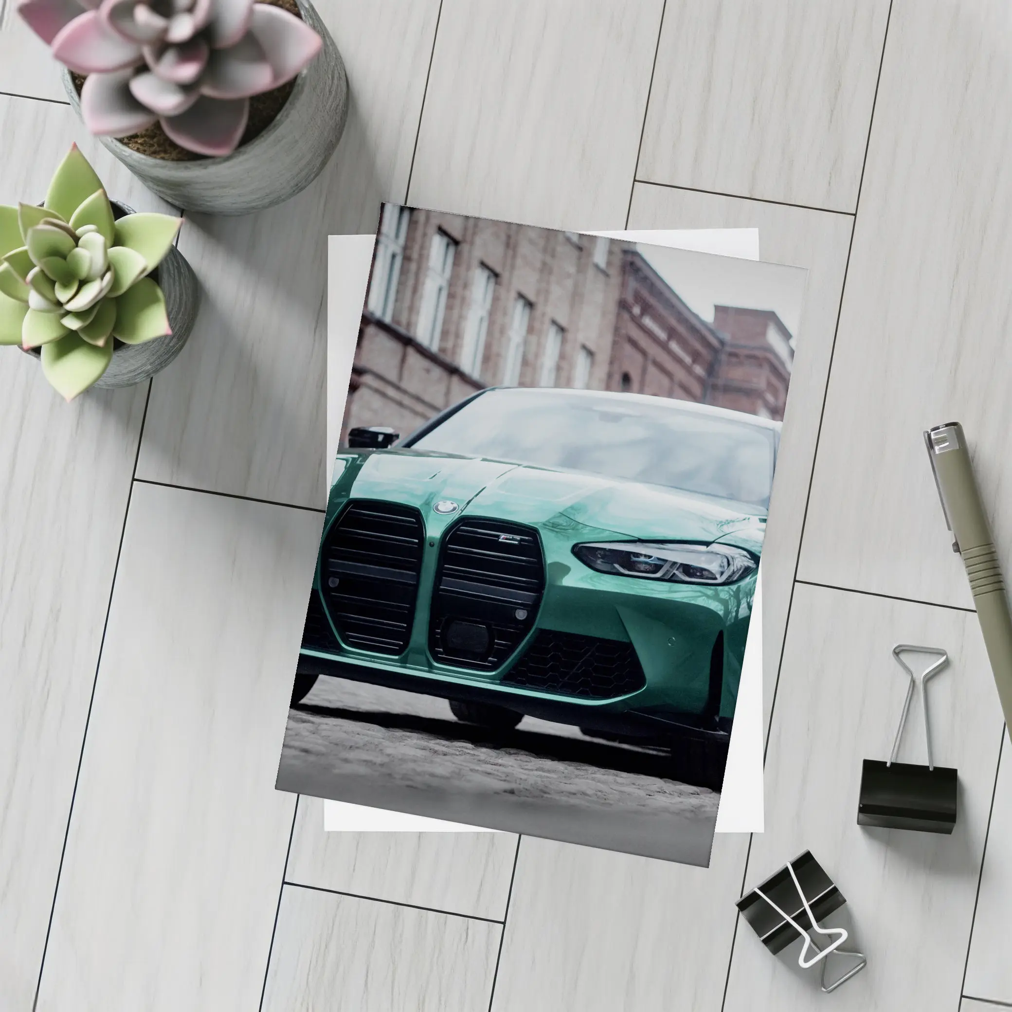 BMW M3 Green Sedan Urban Street Scene – Postcards