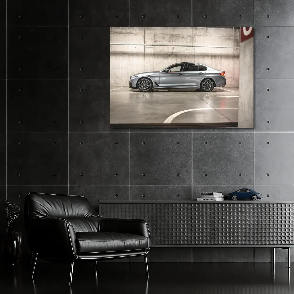 BMW Five Series Parked in Concrete Garage – Wall Art