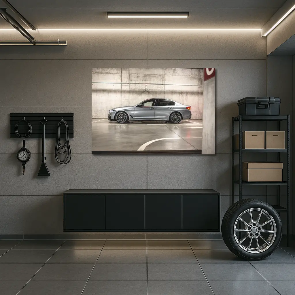 BMW Five Series Parked in Concrete Garage – Wall Art