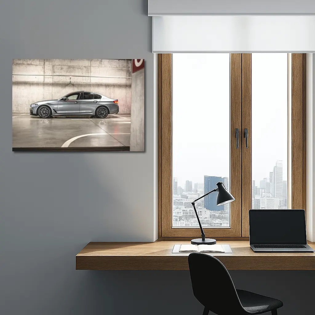BMW Five Series Parked in Concrete Garage – Wall Art
