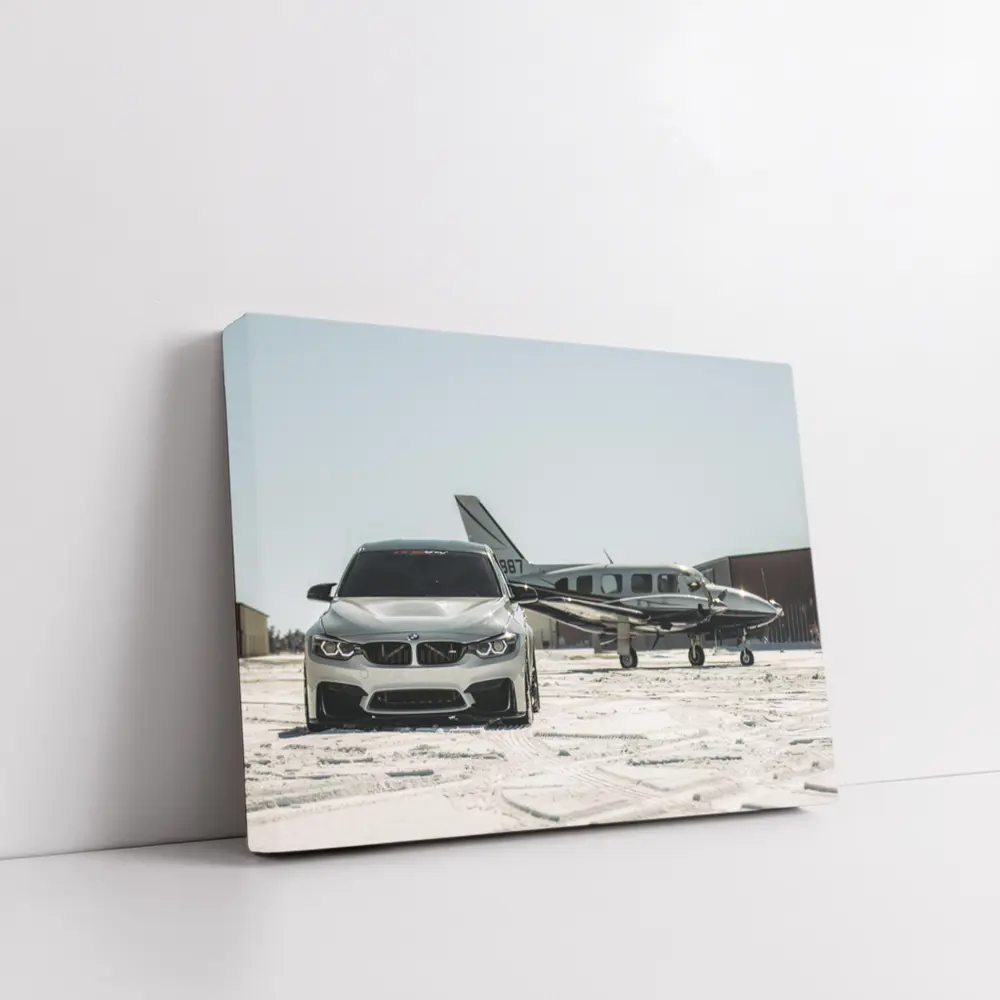 BMW M4 Silver Parked Near Private Jet – Wall Art