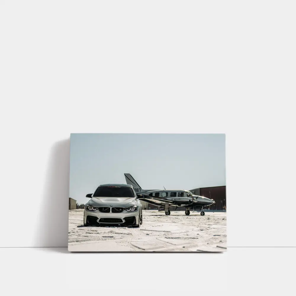 BMW M4 Silver Parked Near Private Jet – Wall Art