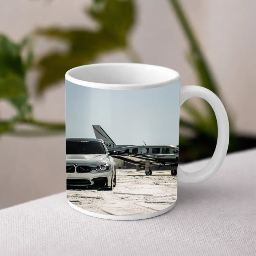 BMW M4 Silver Parked Near Private Jet – Mugs