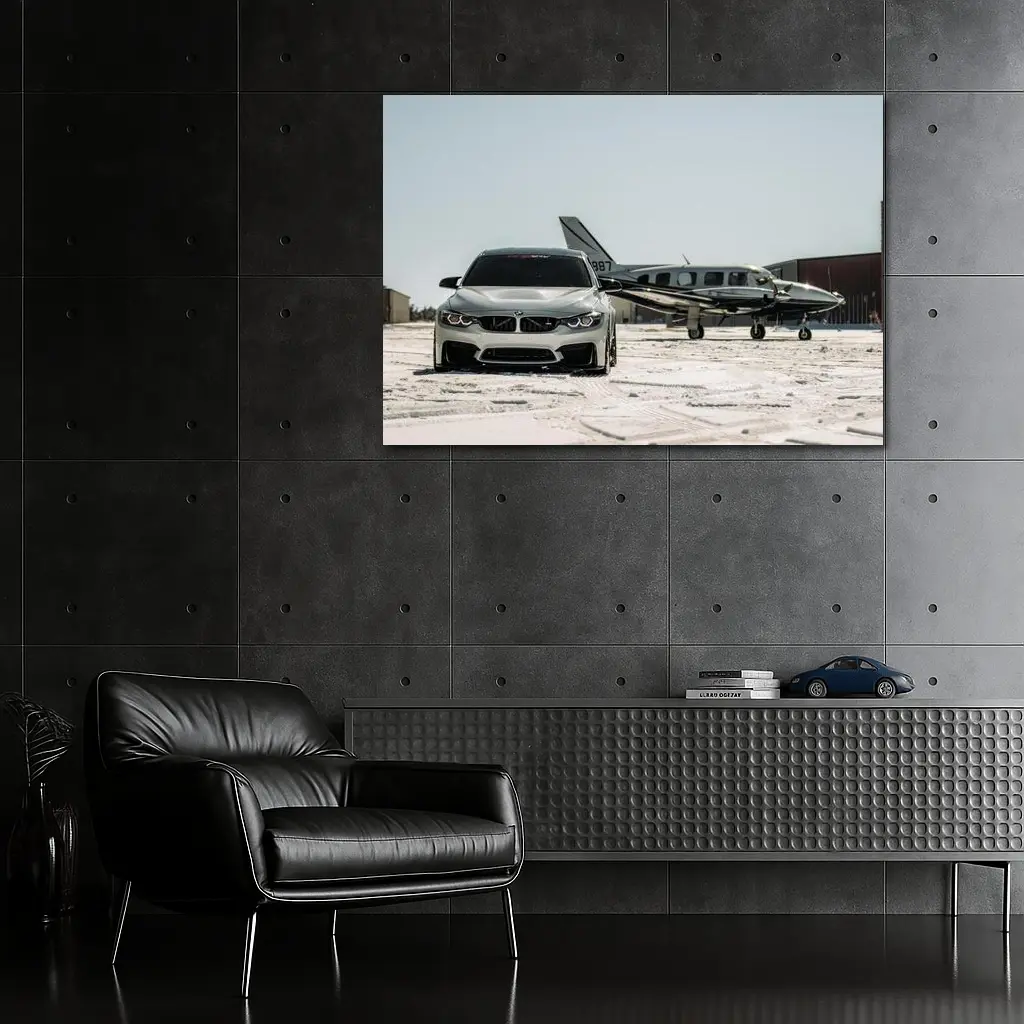 BMW M4 Silver Parked Near Private Jet – Wall Art