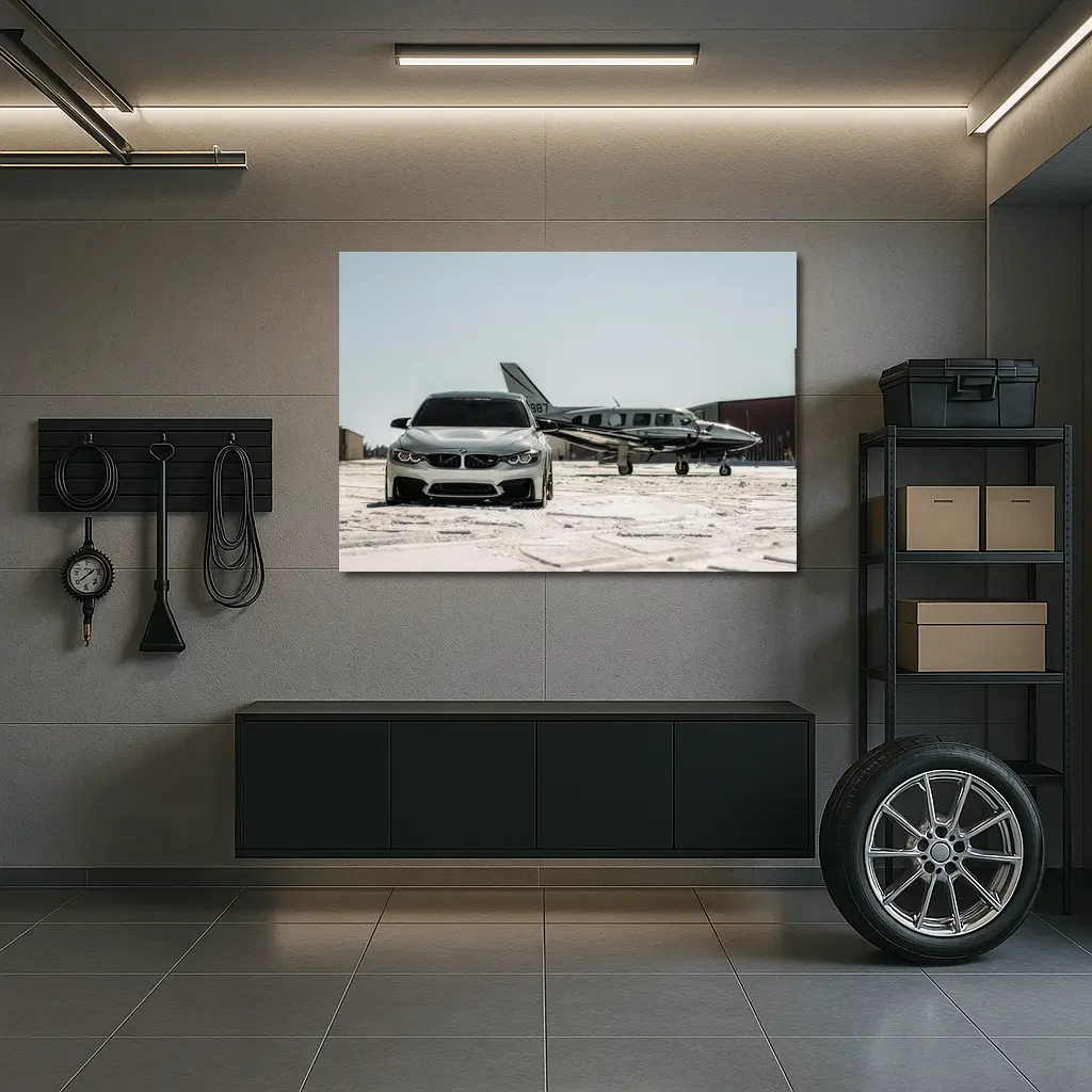 BMW M4 Silver Parked Near Private Jet – Wall Art
