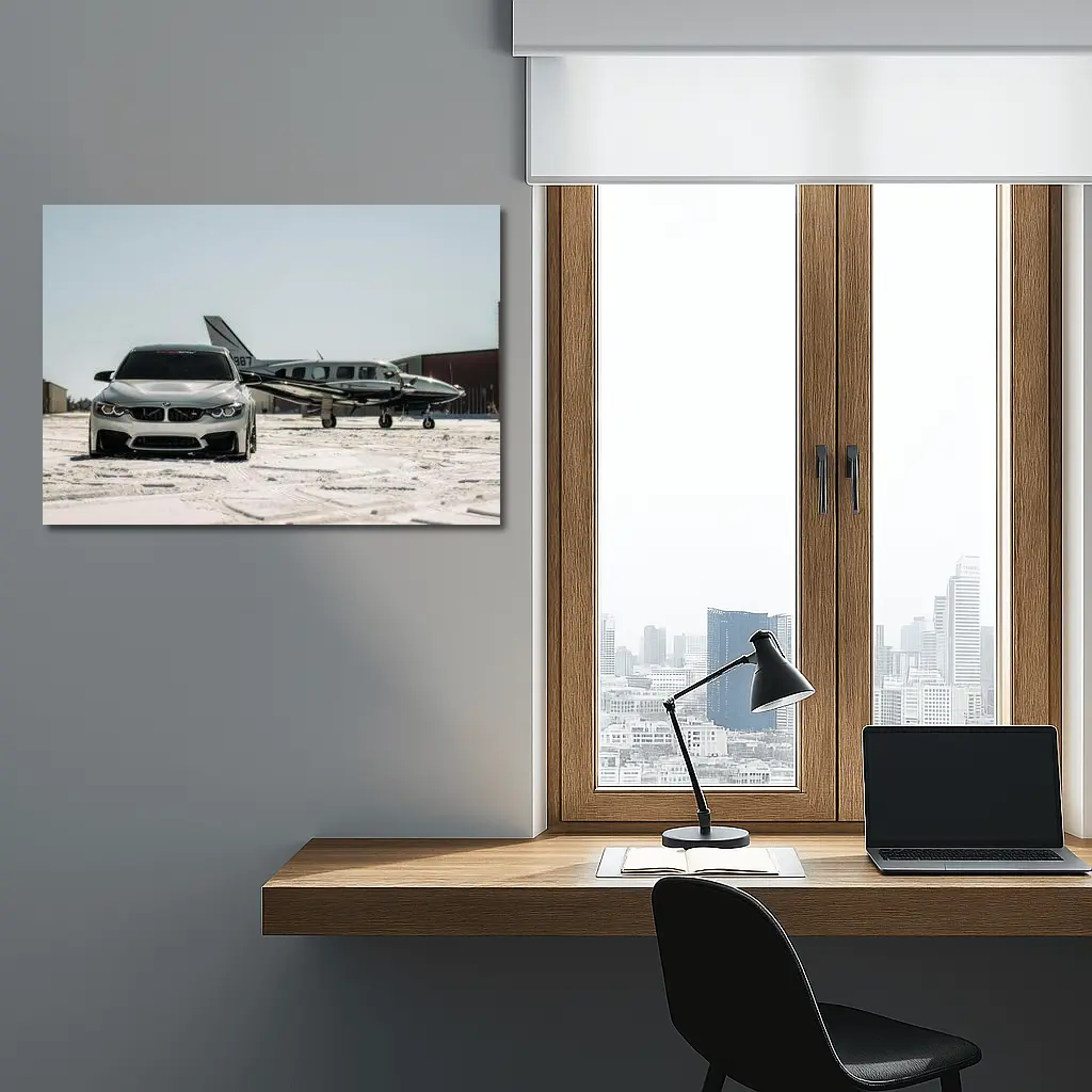 BMW M4 Silver Parked Near Private Jet – Wall Art