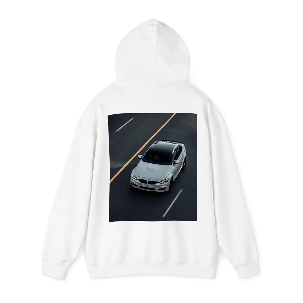 BMW M4 White Sedan on Open Road – Hoodies