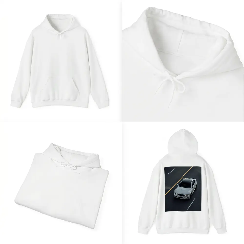 BMW M4 White Sedan on Open Road – Hoodies