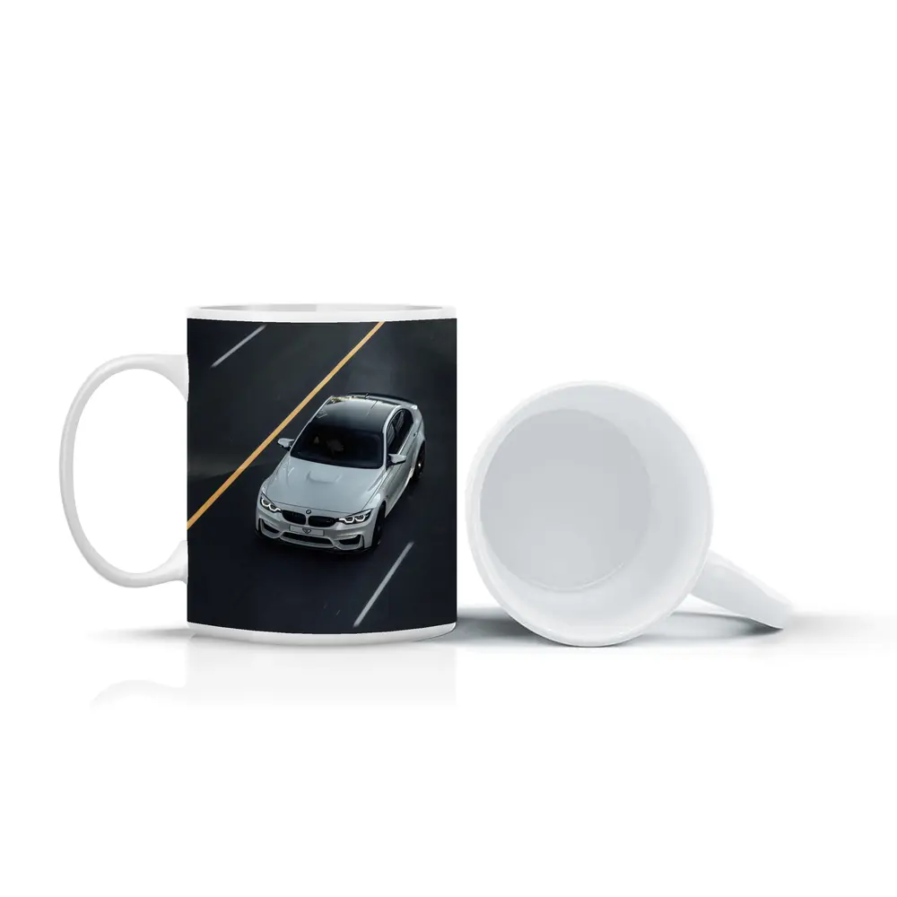BMW M4 White Sedan on Open Road – Mugs