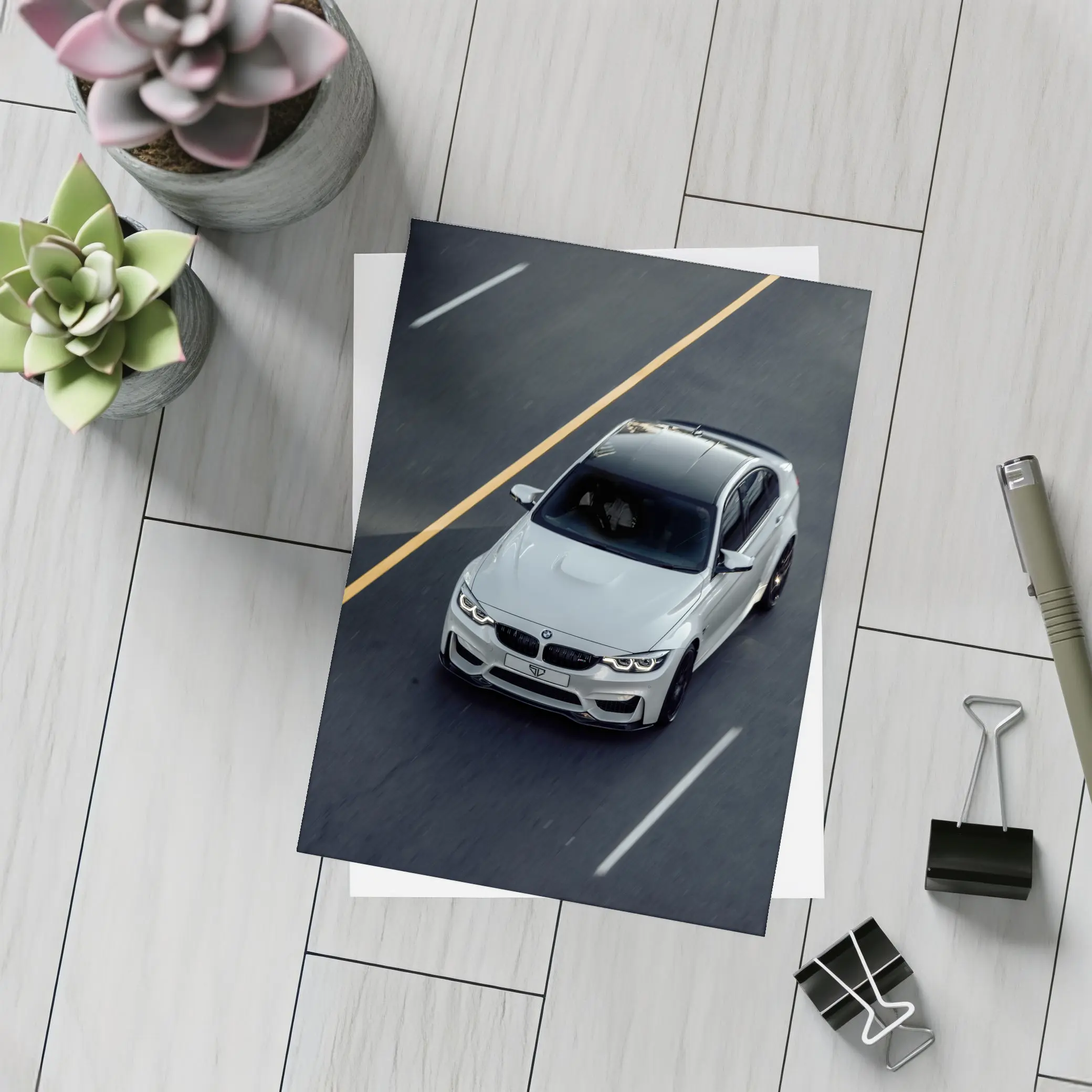 BMW M4 White Sedan on Open Road – Postcards