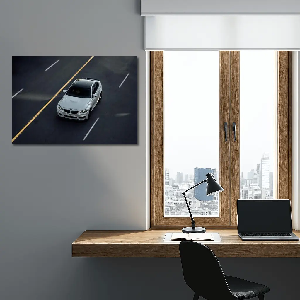 BMW M4 White Sedan on Open Road – Wall Art