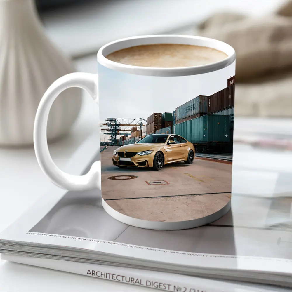 BMW M4 Gold at Industrial Port – Mugs