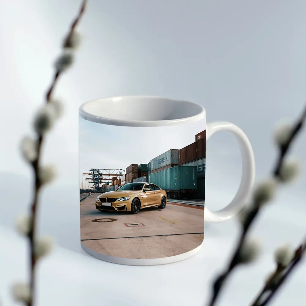 BMW M4 Gold at Industrial Port – Mugs