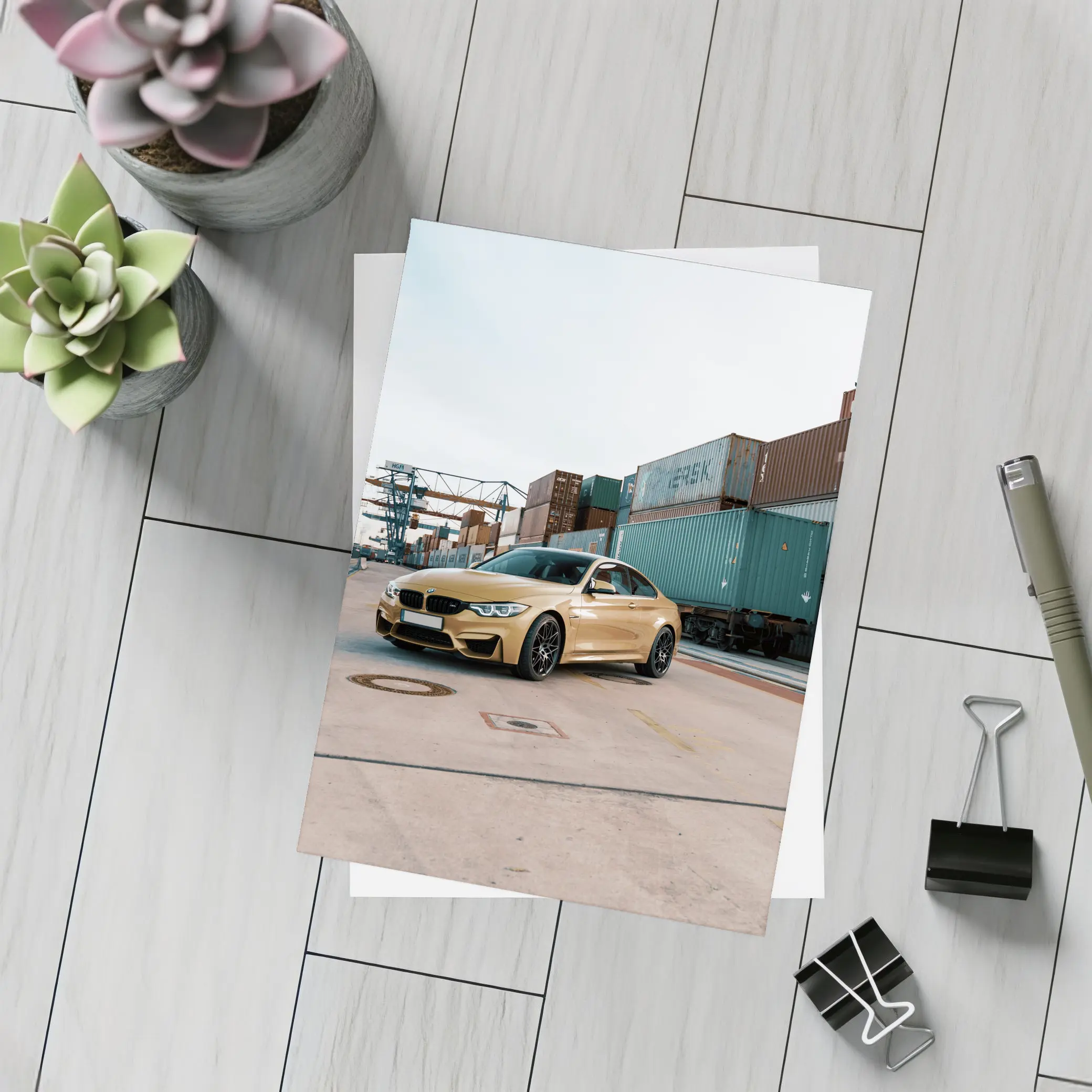 BMW M4 Gold at Industrial Port – Postcards