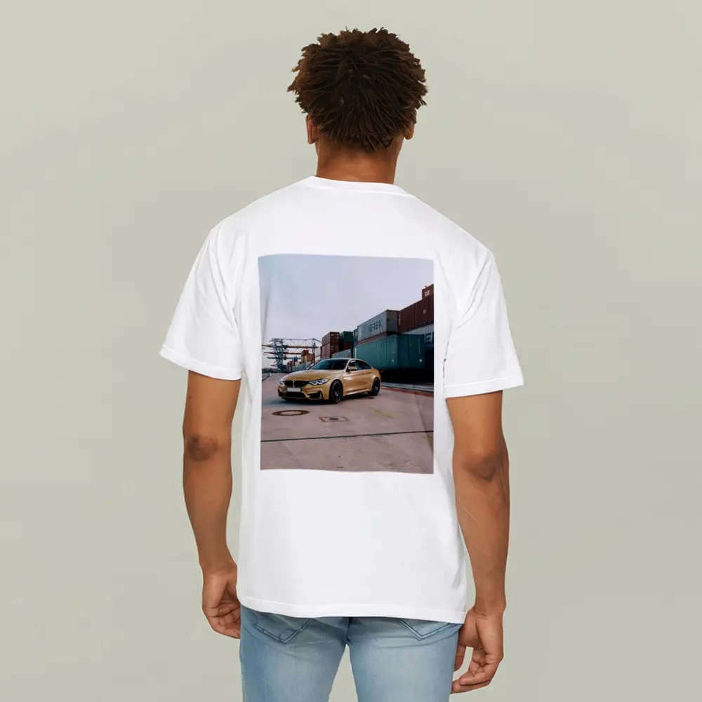 BMW M4 Gold at Industrial Port – T-Shirts